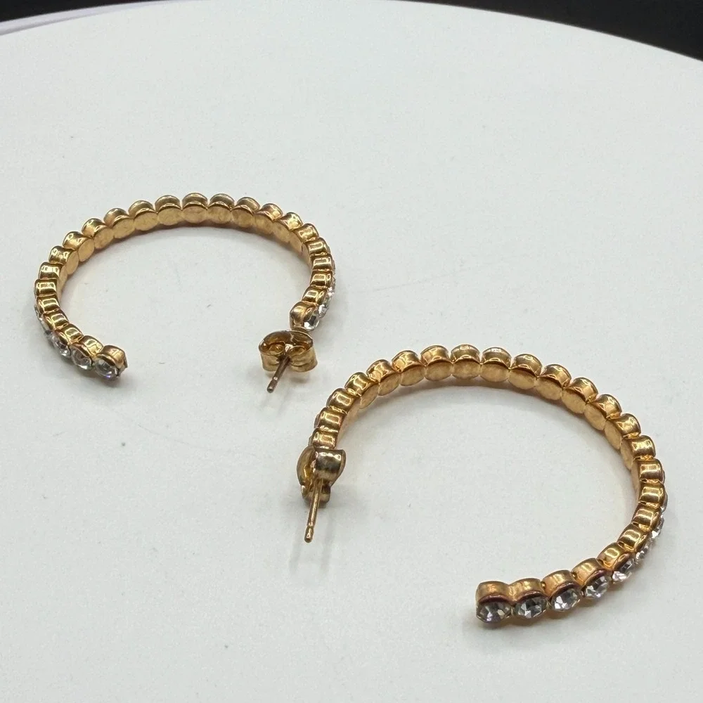 Gold Tone Rhinestone Hoop Earrings Clear Crystal Statement Glamour Gift for Her